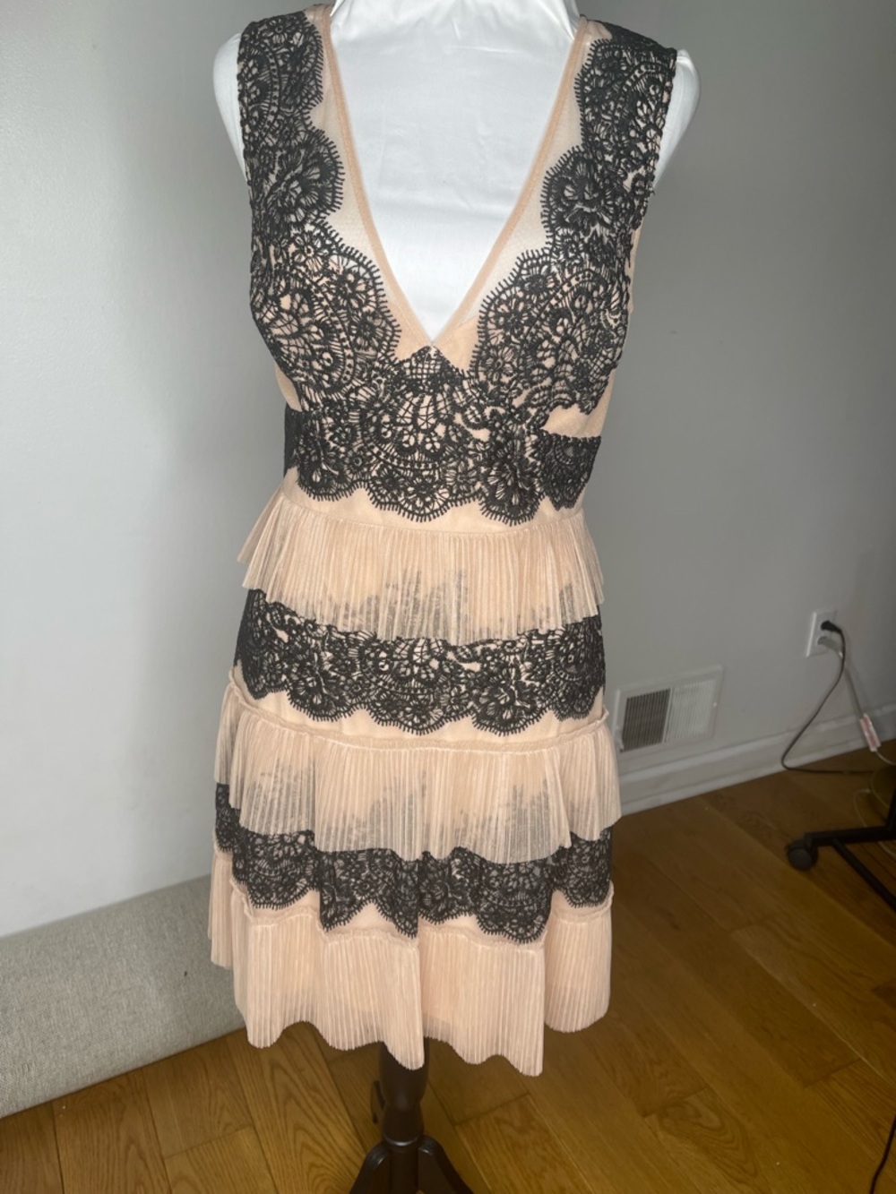 BCBGeneration Blush and Black Lace-Trim Midi Dress